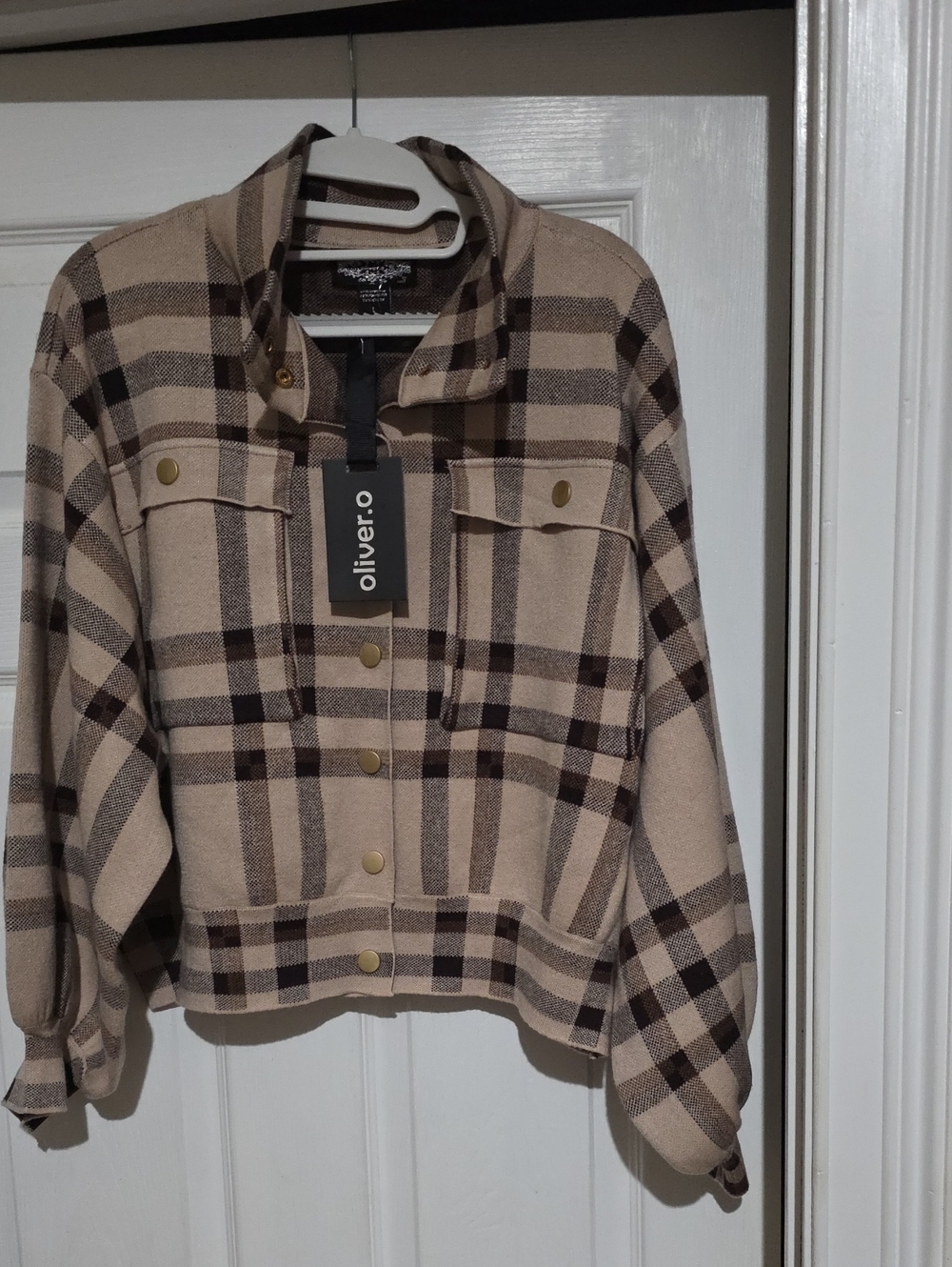 Oliver.o Beige Plaid Button-Front Jacket